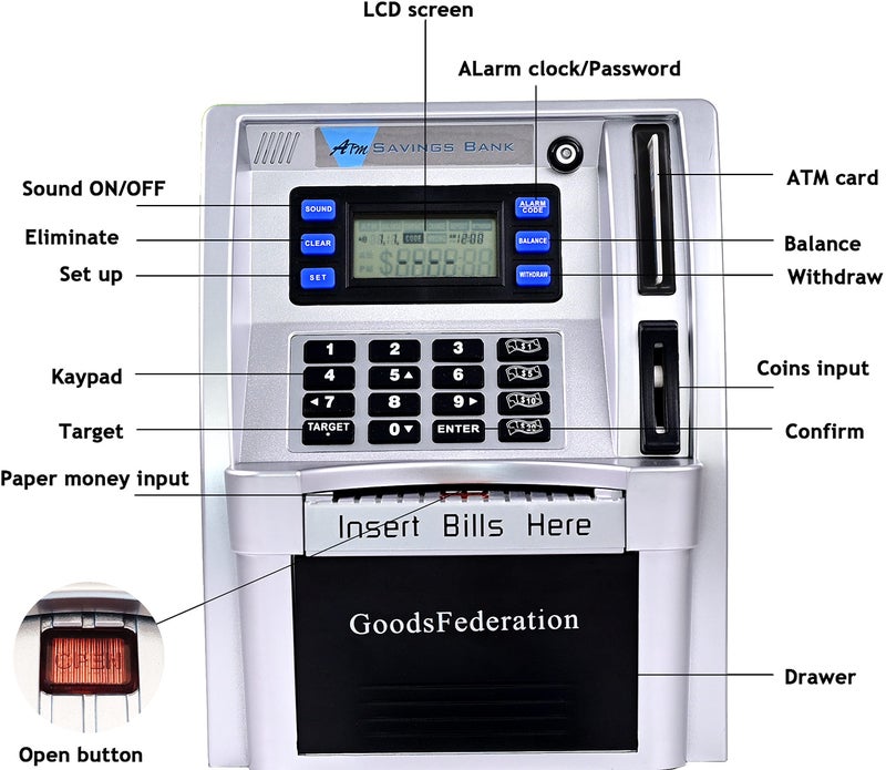 GoodsFederation ATM Piggy Bank for Real Money for Kids Adults,Toy Money Bank with Card,Password,Coin Recognition,Bill Feeder,Balance Calculator,Electronic Money Safe Coin Box,Hot Gift for Boys Girls - Image 3